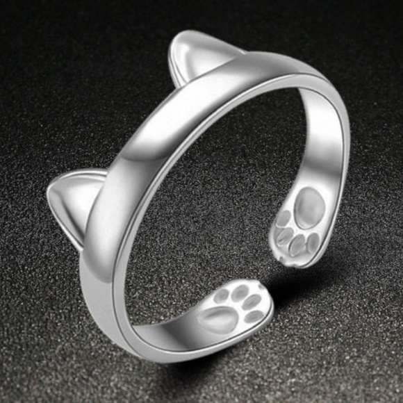 Jewelry - New .925 Silver Cat Ring Open Paws Ears Adjustable